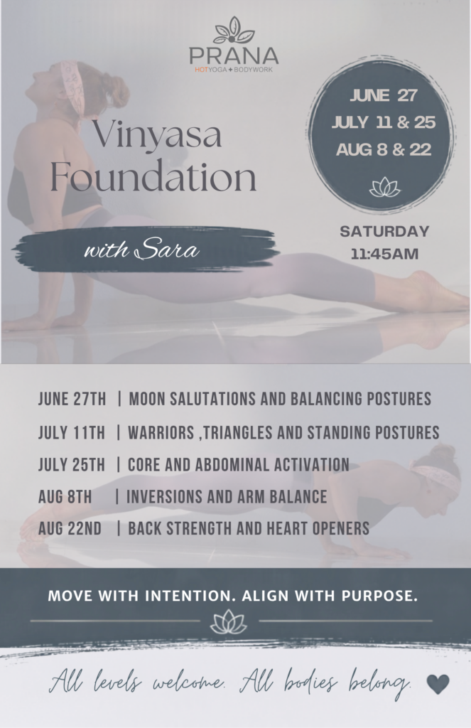 Poster of Vinyasa workshop with Sara Grossman at Prana Hot yoga + Bodyworks