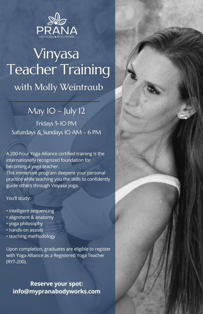 Flyer for advertising the Vinyasa Teacher Training with Molly Weintraub at Prana Hot Yoga + Bodyworks
